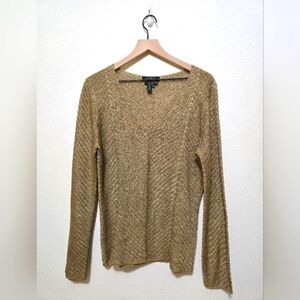 Ralph Lauren Hand Knitted Gold Metallic Beaded VNeck Sweater Sz XL
